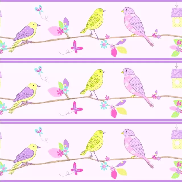 3x Rolls Fine Decor Hoopla Pretty Birds Pink Wallpaper Border 4.57m Pre-Pasted