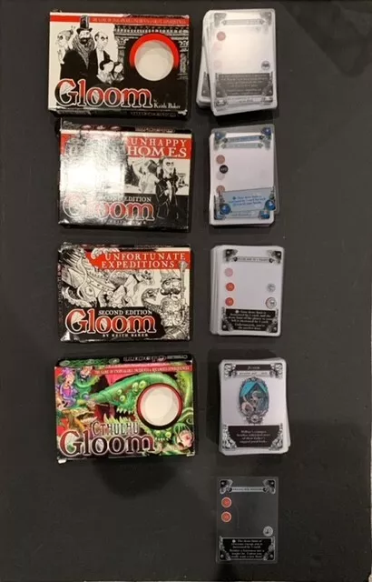 Gloom Card Game (4 Sets) - Base, Cthulhu, Unhappy Homes, Unfortunate Expeditions