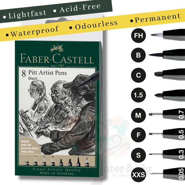 FABERCASTELL PITT ARTIST Pens 8 Black India Ink, Assorted Nibs