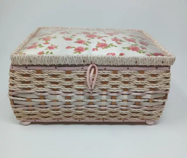 Vintage Sewing Basket Box Pink Flowers Woven Wicker Wooden Bottom Japan