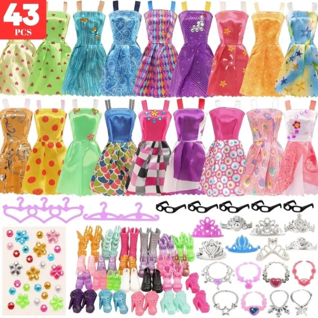 43PCS Barbie Clothes Doll Fashion Wear Clothing outfits Dress up Gown Shoes Lot