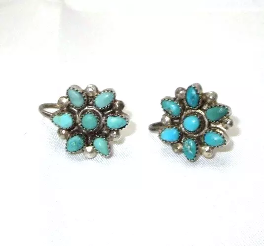 Sterling Silver Native American Turquoise Cluster Screw Back Earrings 3/4"L 8 G
