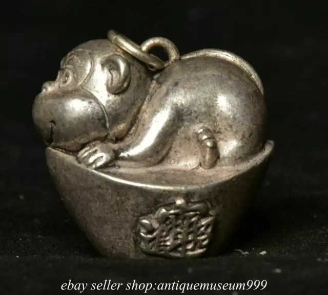 1.4" Old Chinese Silver Fengshui 12 Zodiac Year Monkey Yuan Bao Statue Pendant