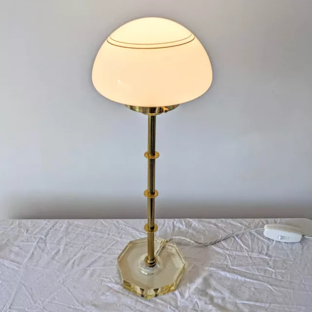 Vintage Mid Century Brass Column Lamp Dome Globe Glass Shade 1970s MCM Art Deco