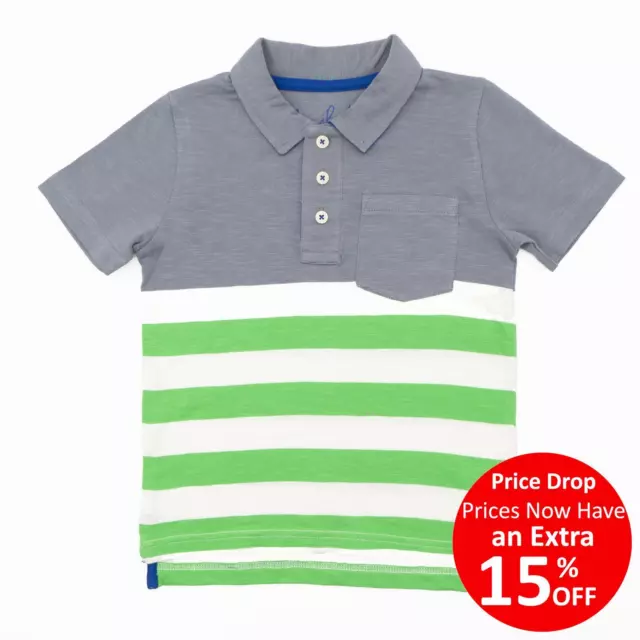 Mini Boden Boys Polo Shirt Grey Green Stripe Cotton Short Sleeve Summer Holiday