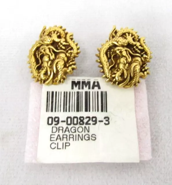 Vintage Signed MMA Metropolitan Museum Of Art Gold Tone Dragon Clip On Earrings