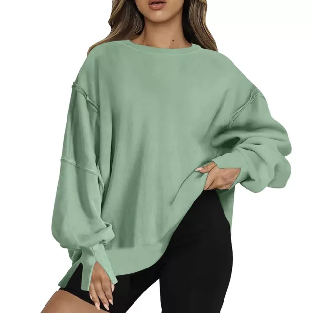 Womens Oversized Crewneck Solid Color Sweatshirt Side Slit Long Sleeve Pullover