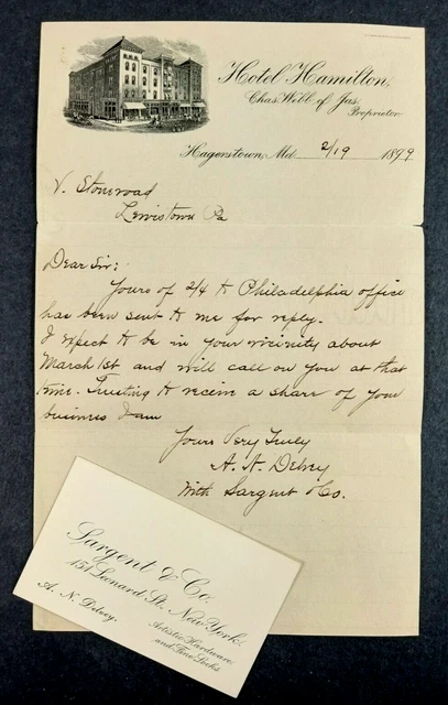 HOTEL HAMILTON Letterhead and SARGENT & CO Business Card 1899 Artistic Hardware