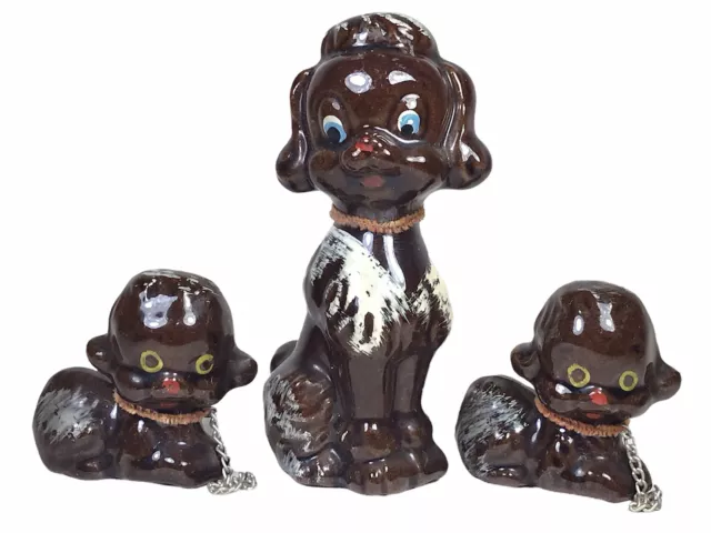 Glazed Redware Pottery Vintage Japanese Leashed Poodle Dog & Puppies 3 Figurines