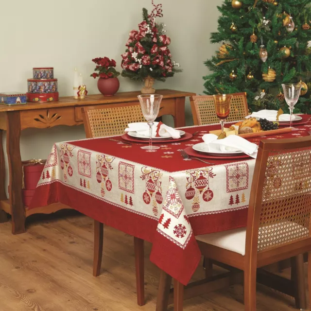 Christmas Tablecloth  and Gold- Mid Century style in Red and White