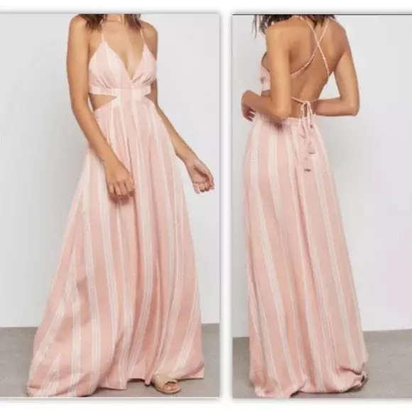 Forever 21 Dusty Pink & White Stripe Cut Out Halter Tassel Tie Maxi Dress Small