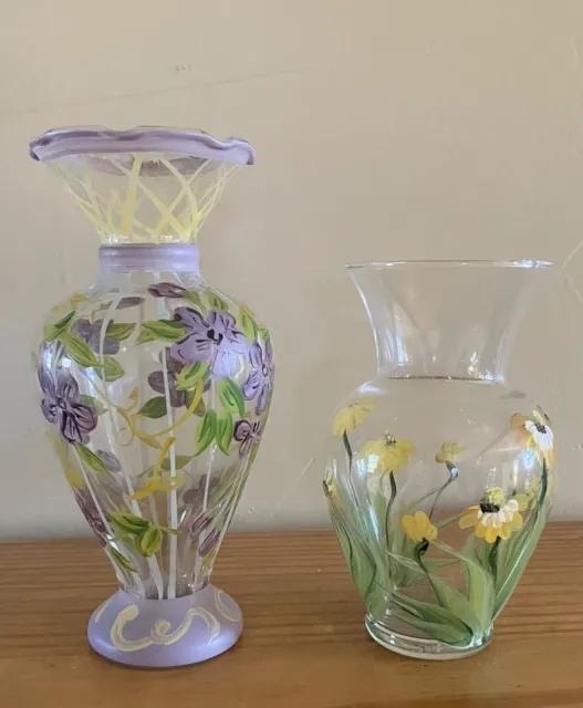 Pair of Hand Painted Floral Glass Vases Farmhouse Cottage Decor 6.5" and 5" MINT