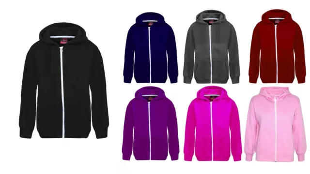 Unisex Bambini Ragazze Felpa con Cappuccio Tinta Unita Pile Cerniera 5-13 Anni