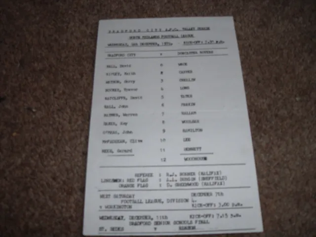 Bradford City V Doncaster Rovers Reserves North Midlands League 4Th Dec 1974