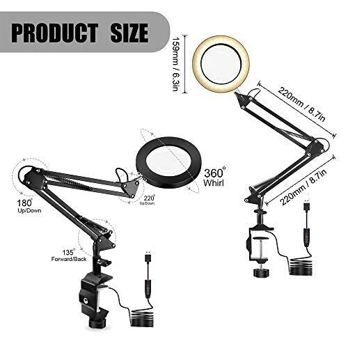 LED Magnifying Glass Desk Lamp with Clamp ,3 Color Modes 10 Levels Black