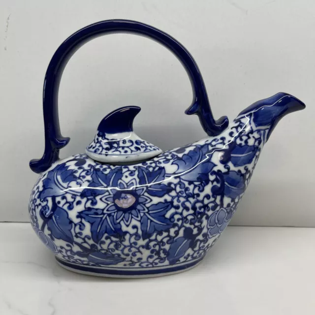 UNUSUAL SHAPE Delft Style Cobalt Blue White Tea Pot Pitcher Figurine Never used