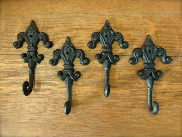 4 BROWN ROYAL FLEUR DE LIS FINIAL WALL HOOKS 6.5" ANTIQUE-STYLE CAST IRON decor