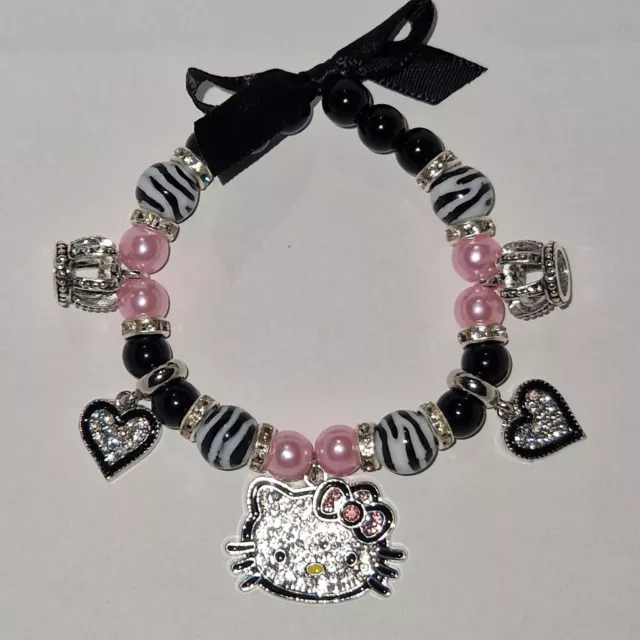 Y2K Mcbling Hello Kitty Beaded Charm Bracelet - Zebra Print, Hearts , Crowns