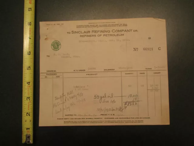 Sinclair refining Company Petroleum gas oil 1918 Letterhead 328