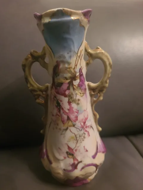 Antique German Porcelain Two Handled 6" Vase Pink Roses