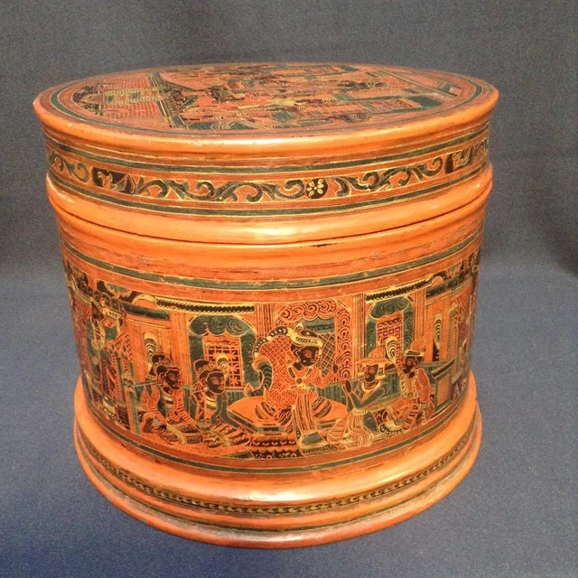 Vintage Large Burmese Cinnabar Lacquer Betel Storage Container 3 Pcs