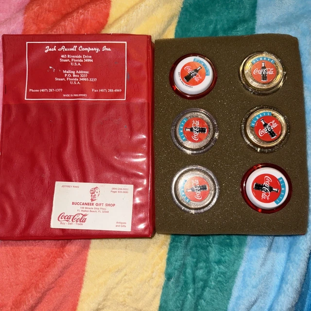 6 Yo-Yo Coca Cola Promo RUSSELL Set, Coke Russell Yoyo Folder Set (Examine Pics)