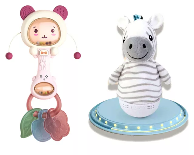 Set of 2 Baby Animal Shape Rattle Teether & Tumbler Night Light Soft Stuffed Toy