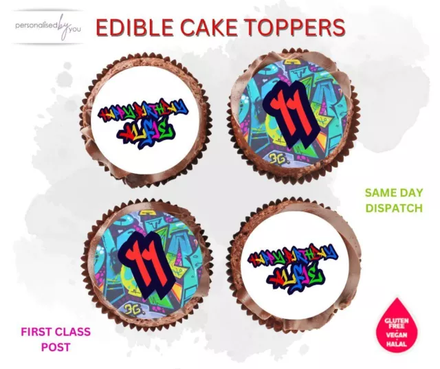 Personalised EDIBLE Cupcake Toppers Graffiti Wall Tag Printed ICING RICE WAFER