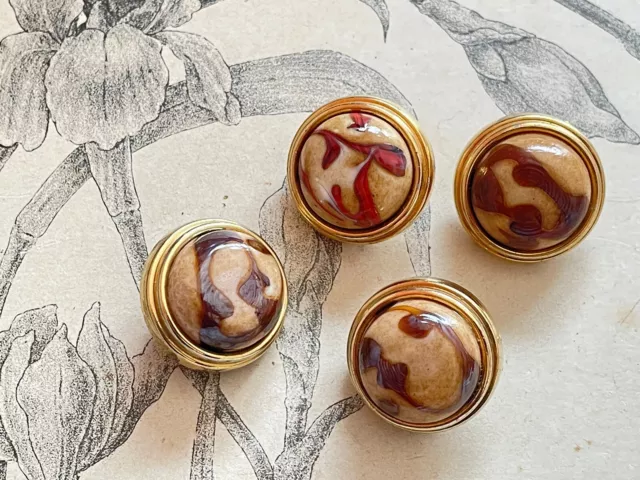 4 Boutons anciens en résine marron et orangé métal doré - collection