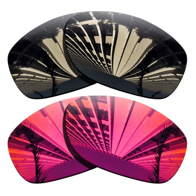 2 Pairs Polarized Replacement Lenses For-Oakley Pit Bull-Black Grey+Fuchsia Red