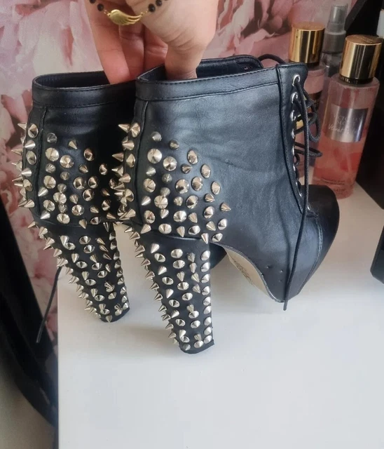 LIKE JEFFREY CAMPBELL Women s Black Boots Spiked Spikes Heel Rock