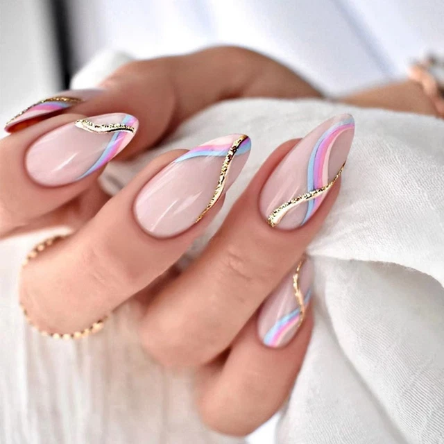 Líneas Cubierta Completa Prensa Uñas Plata Mariposa Larga Almendra Uñas Falsas Francés