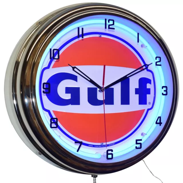 16" GULF Gasoline Motor Oil Gas Station Sign Neon Clock Garage Decor (Blue)