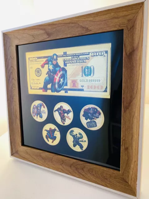 Marvel Avengers Coin Set In Frame. Captain America, Iron Man, Thor, Spiderman