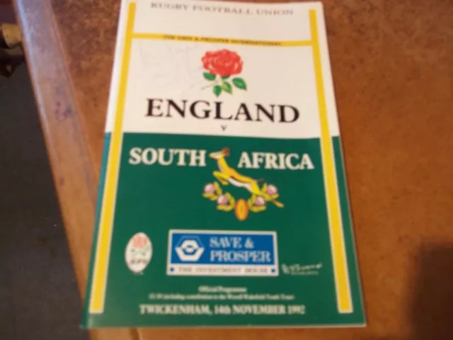 England v South Africa Rugby Union programme 14 November 1992 VGC Twickenham