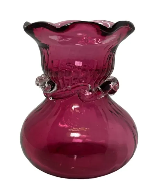 Cranberry Pilgrim Glass Vase Hand Blown Art Glass Pitcher Ruffle Edge