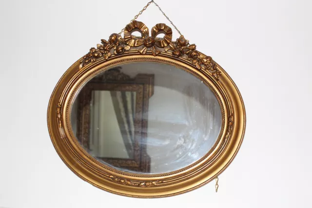 Miroir Encadré Ovale Noeud Ancien Bois Doré Style Louis XVI Art