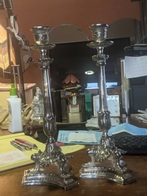 Antique Silver Plated Judaica Shabbat Sabbath Polish Warsaw Pair 2 Candlesticks 3