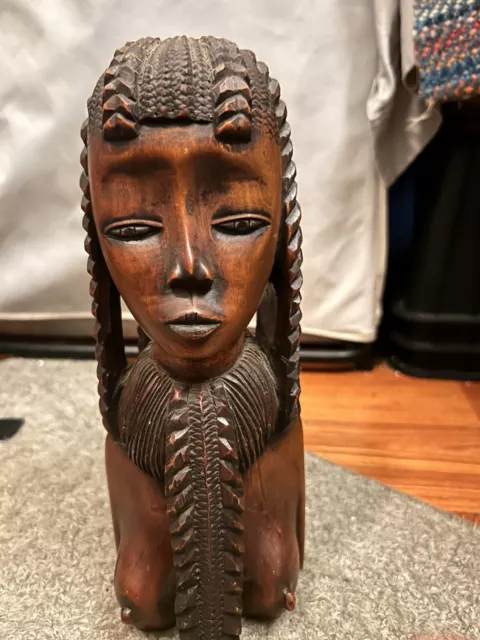 African Art Statue Figure Hand Carved Wooden Woman 10 Inches Tall