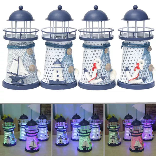 4Pcs Metal Nautical Ocean Lighthouse Color Changing LED Desktop Home Decor Light