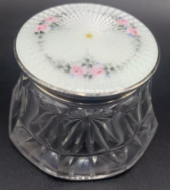 Sterling Silver Guilloche Glass Jar Vanity Dresser Inkwell Vintage