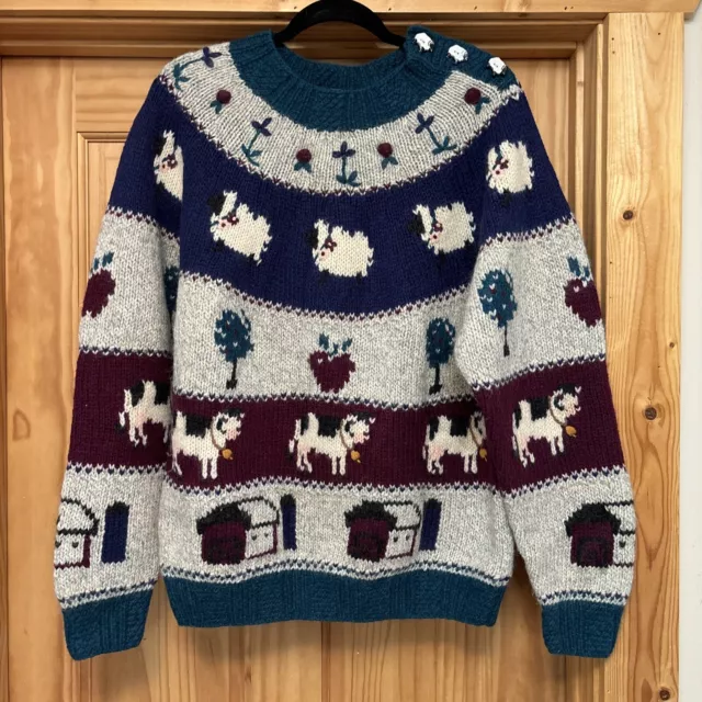 Vtg Woolrich Women's Wool Blend Knit Sweater Size Lg Farm Animals Cottagecore