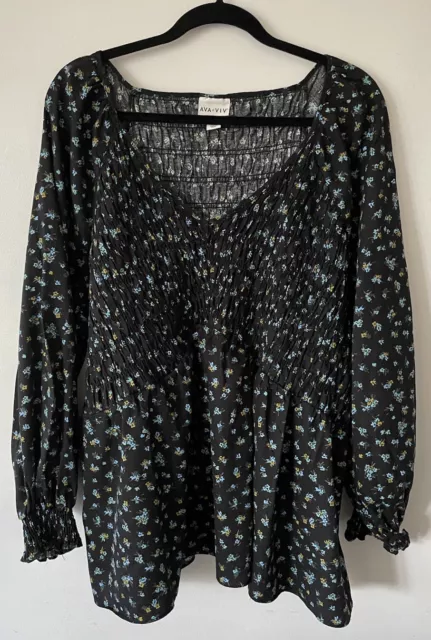 Ava & Viv Black Floral Print Smocked Blouse Top Women’s Size 3X