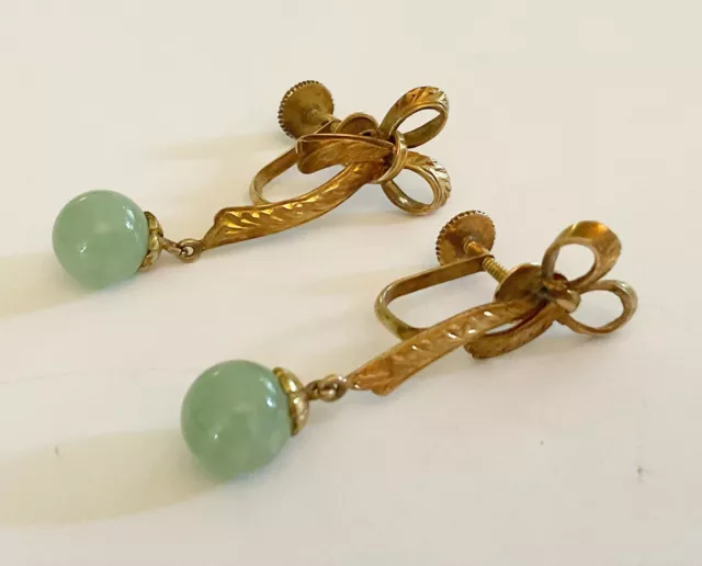 Antique Art Deco 14k Decorated Yellow Gold Bows With Jade Ball Earrings