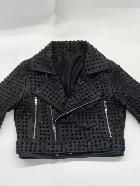 New women Black Punk Long Black Stuuded Spikes Brando Style Leather jacket