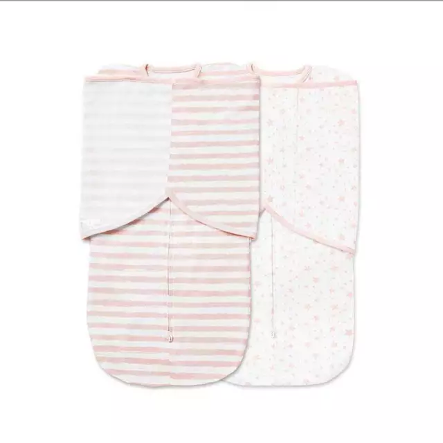 Breathable Baby 3-In-1 Swaddle Pink Star/Pink Stripe 2Pk 0-4m Newborn Sleep New