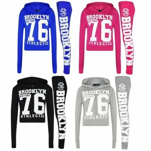 Bambini Brooklyn Corto Maglia con Cappuccio Set Bianco Felpa Leggings Ragazze