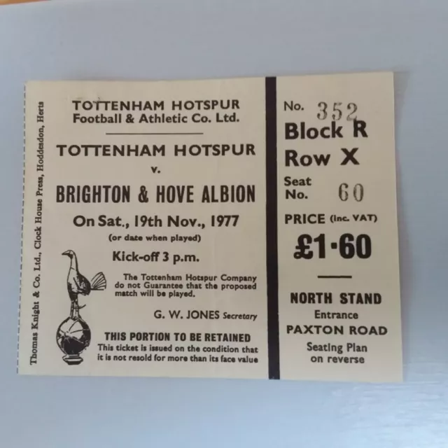 TICKET 1977/78 TOTTENHAM SPURS v BRIGHTON & HOVE ALBION (DIV 2)