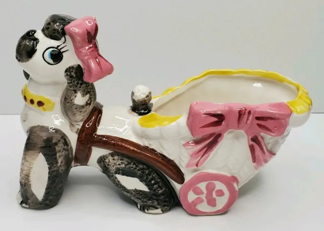 Ucagco Ceramic Poodle Puppy Dog Buggy Cart Planter Pink Bows Girl Vintage