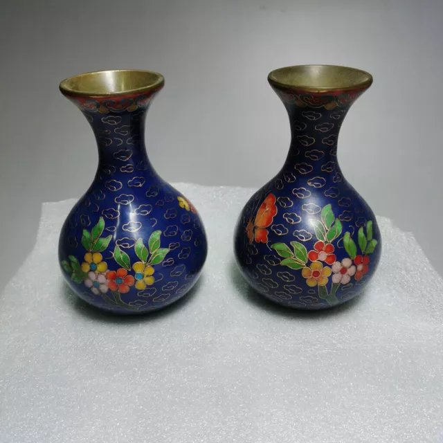 A Pair Chinese Cloisonne Copper Handmade Exquisite Flower Vases 21610